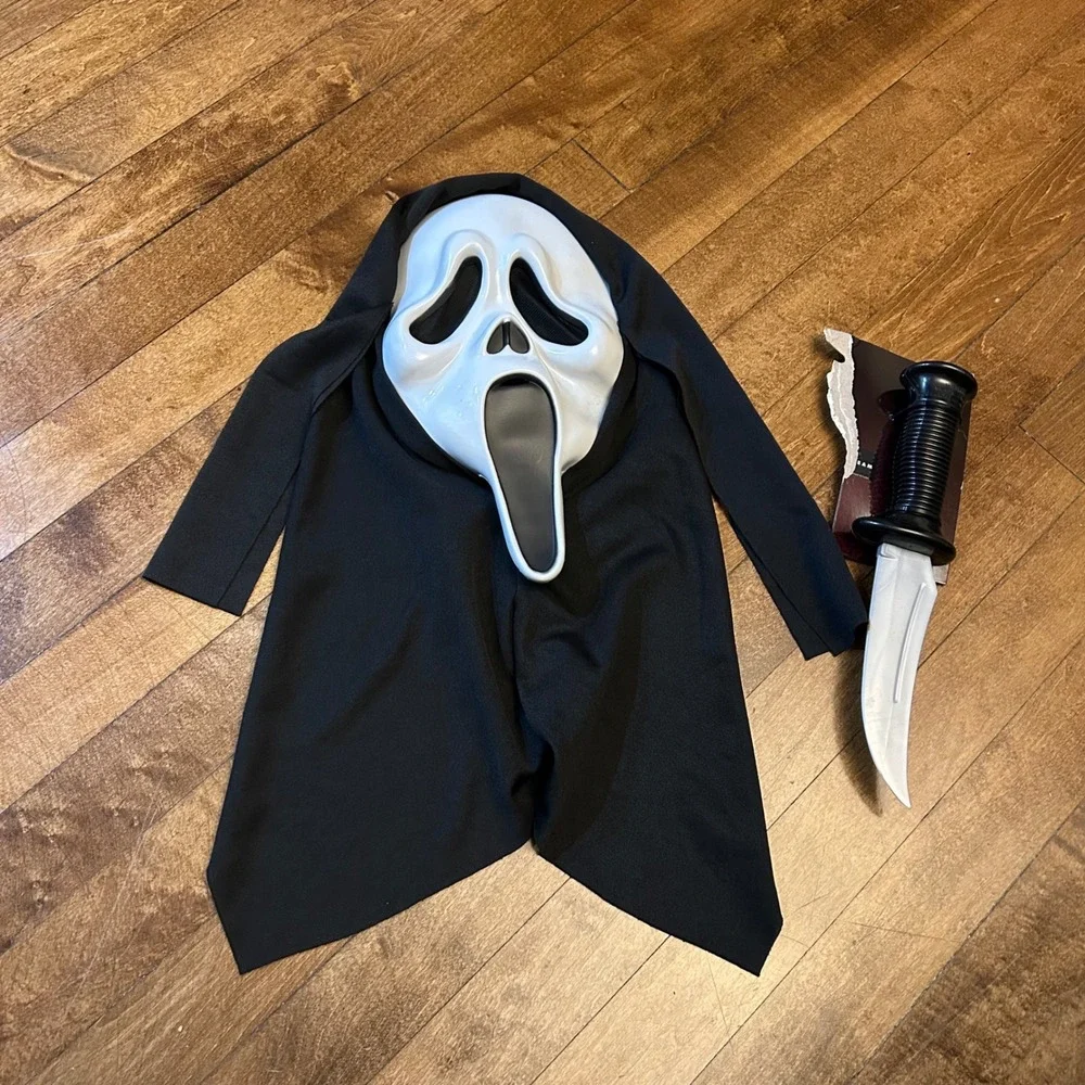 Ghost Face Scream Halloween Mask w/ Hood & Toy Knife Horror Costume Accessories
